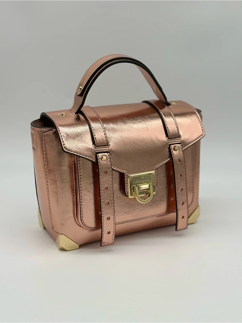 Metallic Rose Gold Structured Satchel Handbag